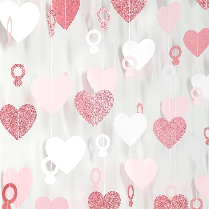 Rose-Gold Pink White Heart-Ring Garland - 52Ft Engagement