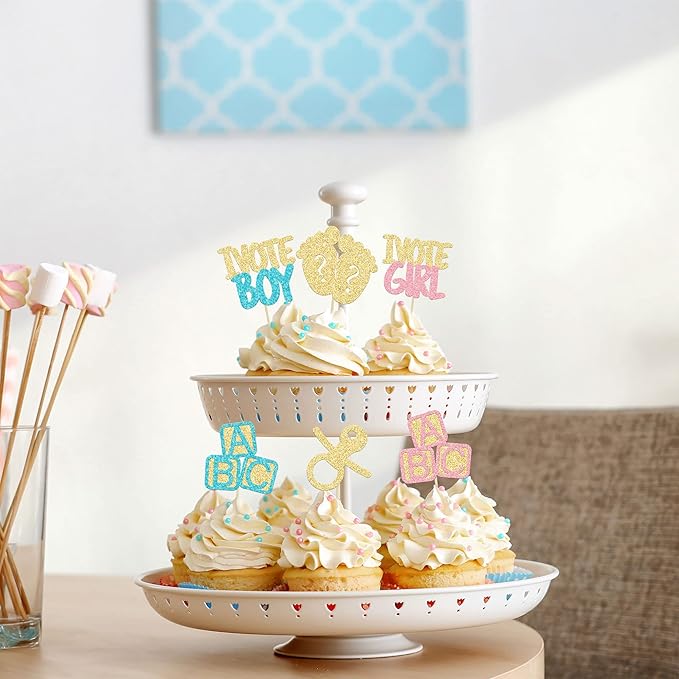24Pcs Boy or Girl Cupcake Toppers Gender Reveal Cupcake Picks