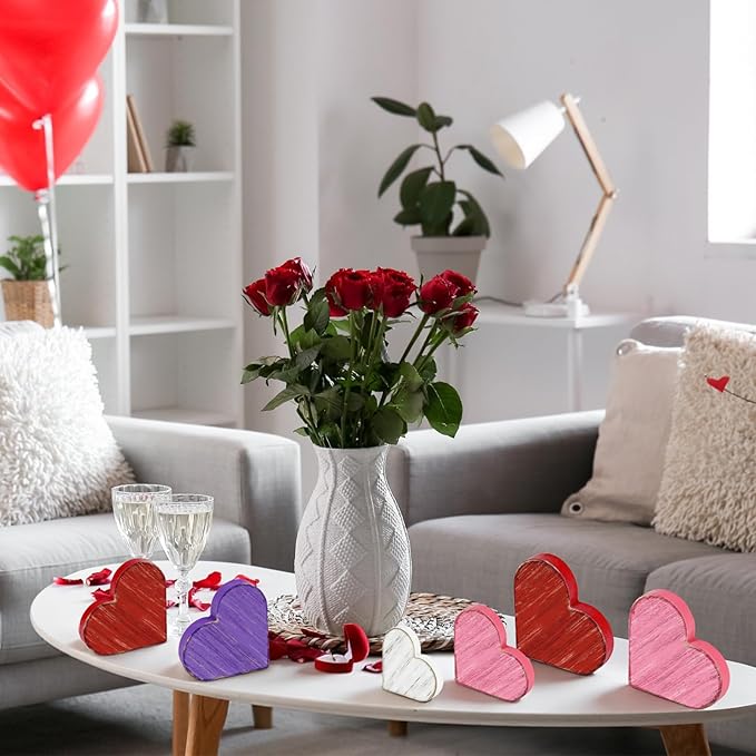 7PCS Valentines Day Wooden Heart Table Centerpiece Decorations,