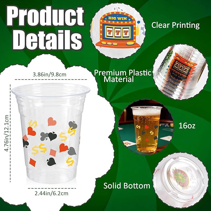 100 Pcs Casino Party Cups 16 Oz Casino Plastic Cup Poker Clear