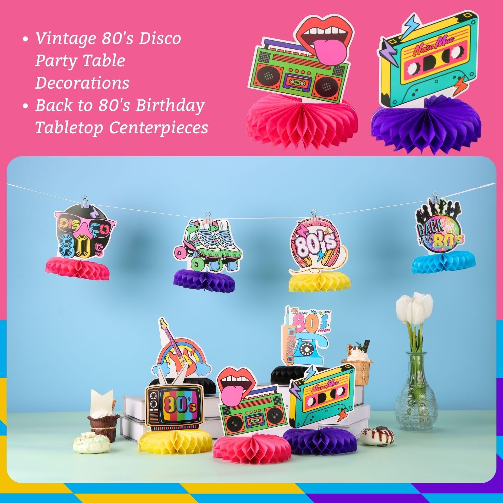 9pcs Back to the 80s Honeycomb Centerpieces for 1980s Disco Party