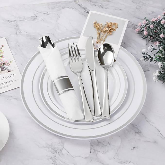 BESTVIP 175PCS Silver Plastic Dinnerware Set, Disposable Party Plates