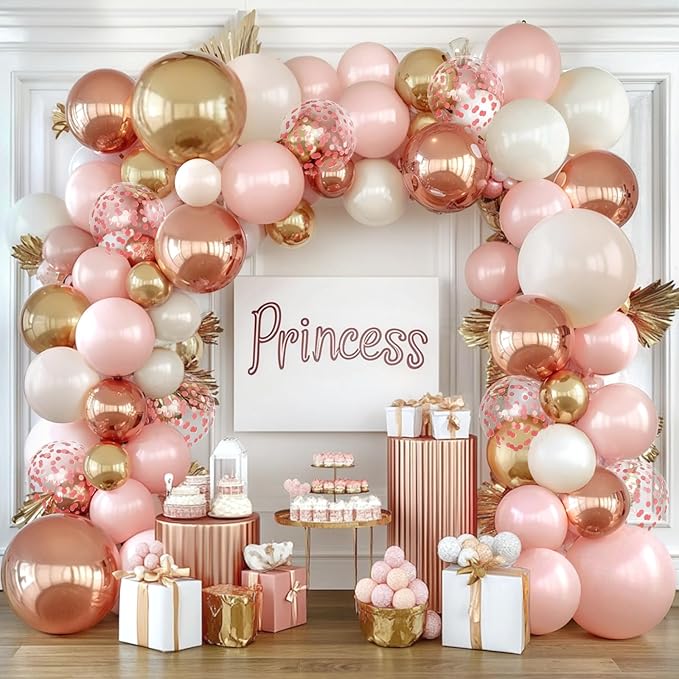 Rose Gold Pink Balloon Arch Kit, Double Stuffed Pearl White Rose Gold