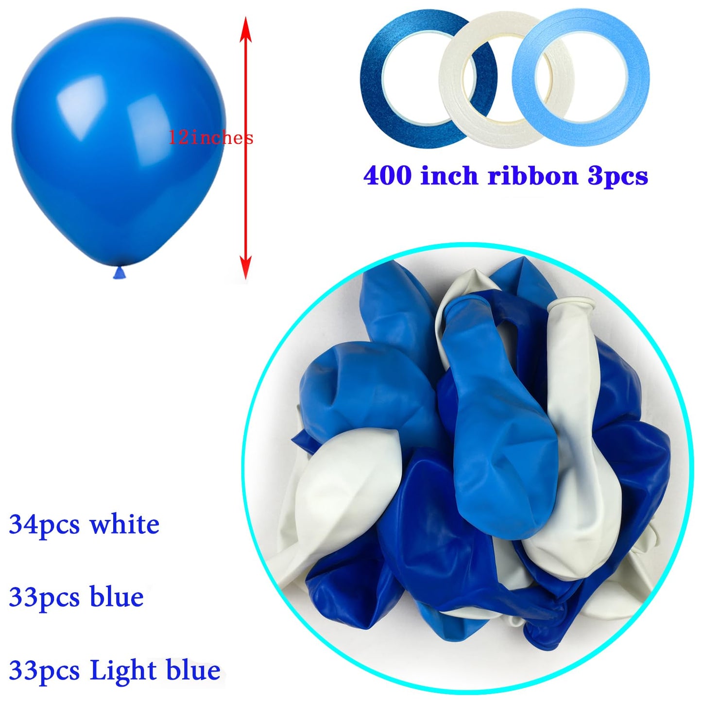 KADBANER White Blue Light blue Balloons,100 Pack 12 Inch Latex