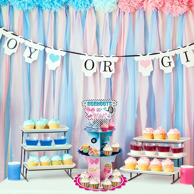 Burnout or Bow Gender Reveal Party Cupcake Stand 2Pcs 3 Tier Racing