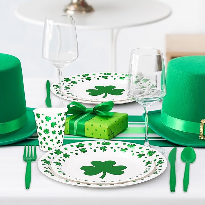 168Pcs St Patrick's Day Tableware Set Foil Green Shamrock Disposable
