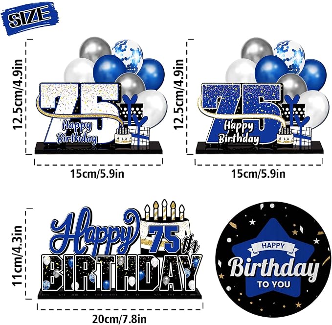 LINGTEER Happy 75th Birthday Blue Acrylic Table Topper Centerpieces