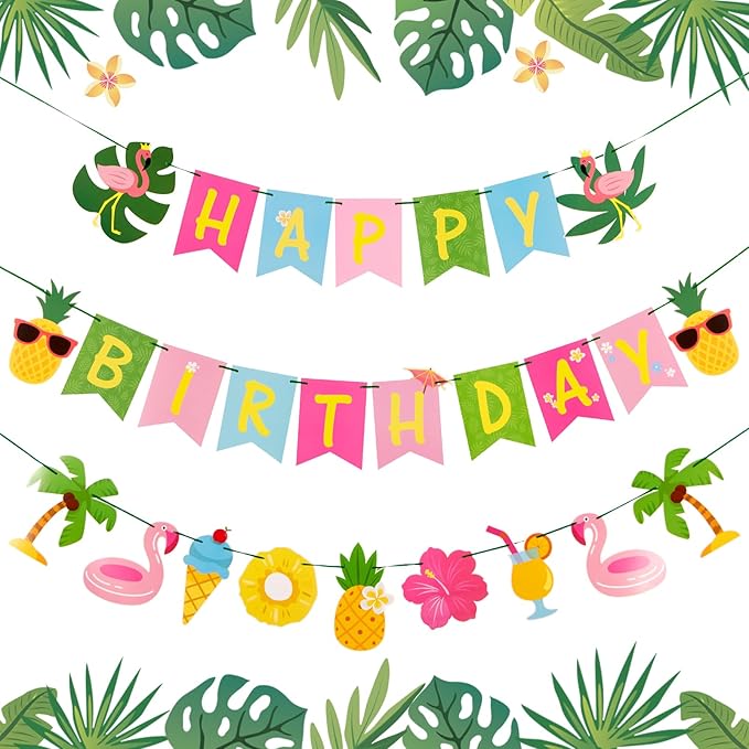 Hawaiian Happy Birthday Banner Tropical Luau Party Birthday Flamingo