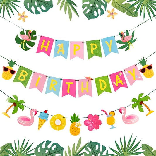 Hawaiian Happy Birthday Banner Tropical Luau Party Birthday Flamingo