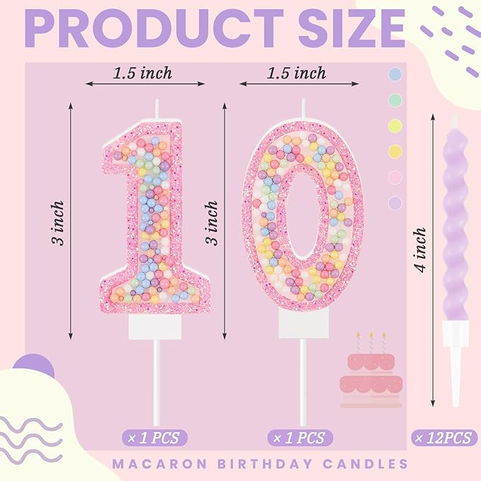 MTLEE Number 10 Birthday Candle with 12 Pcs Spiral Candles for Girls M