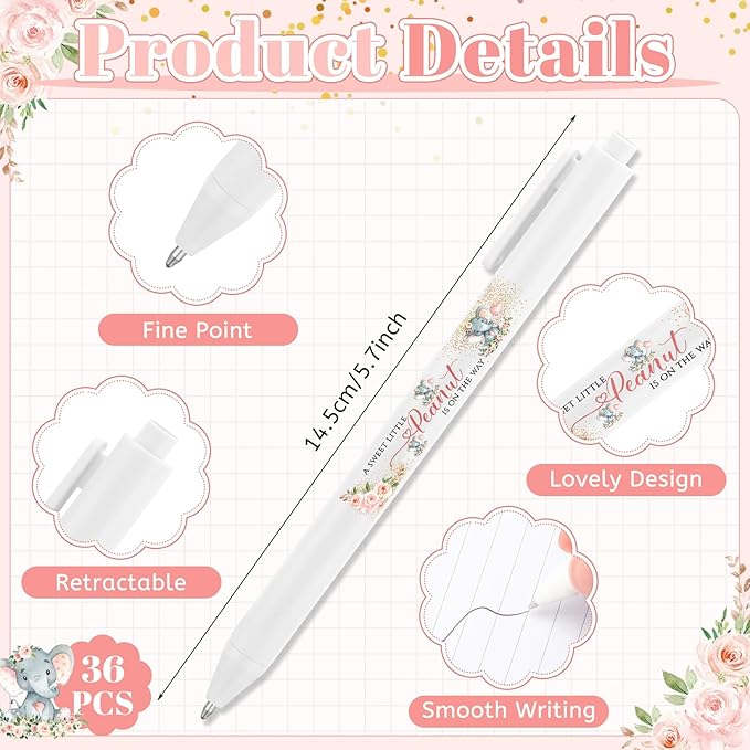 Ireer 36 Pcs Pink Elephant Baby Shower Pens Gifts Bulk Party Favors