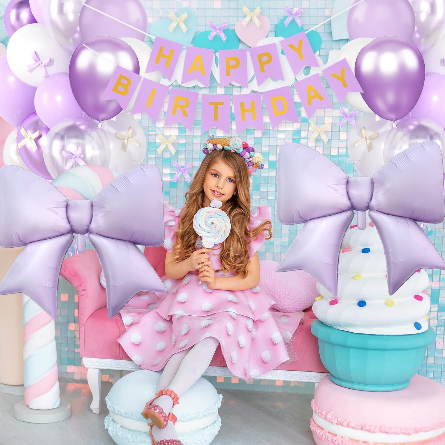Purple Bow Birthday Decorations, Purple Happy Birthday Banner with