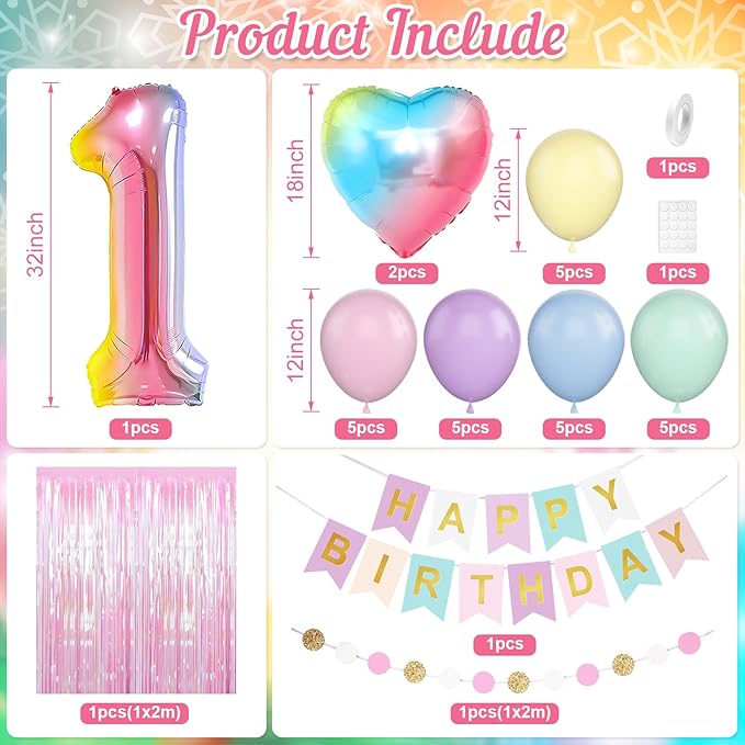 1st Birthday Decorations Rainbow Gradient Number 1 Balloon Pastel