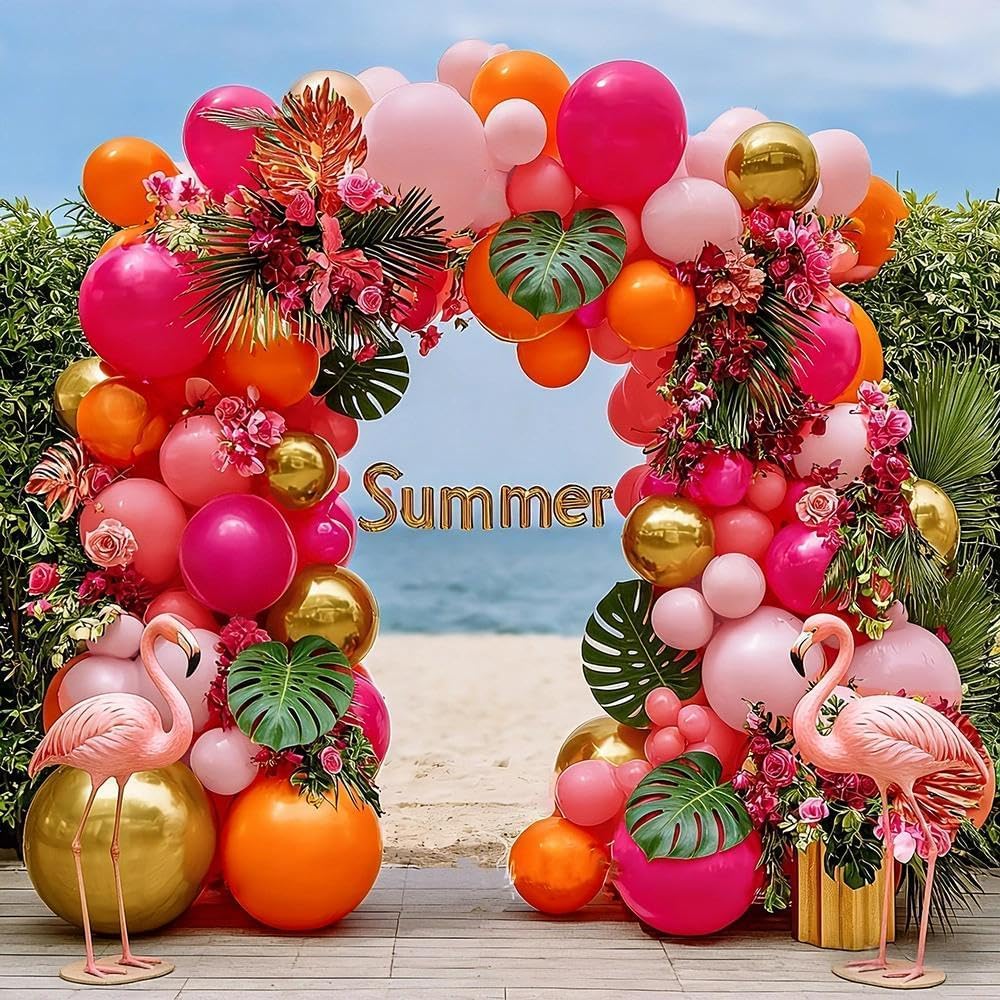 Pink Orange Balloon Garland Double Stuffed Hot Pink Orange Gold