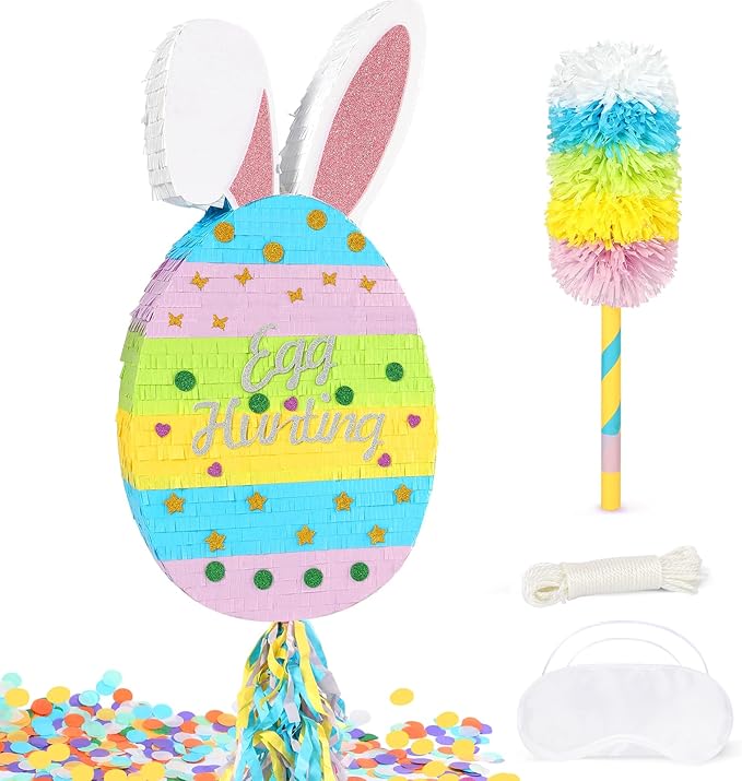 25 Easter Decorations Pinata Bunny Egg Piñata with Blindfold Bat and