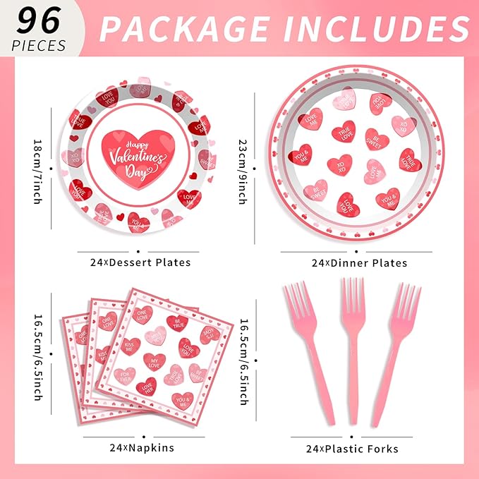 96Pcs Valentines Day Pales and Napkins Red Heart Love Valentine