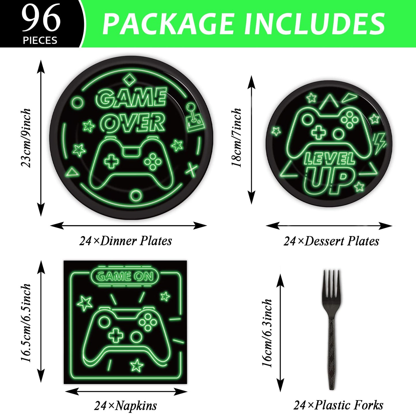 96pcs Video Game Party Supplies Tableware Set Neon Game On Paper