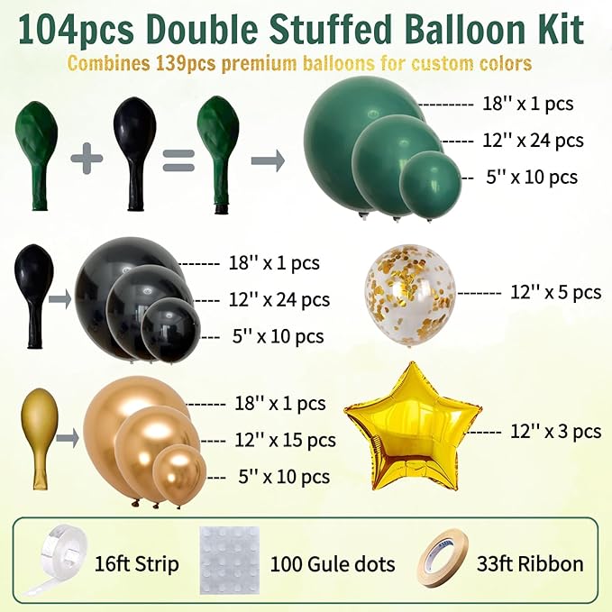 Double Stuffed Dark Green Black Gold Balloon Arch Kit 104Pcs Emerald