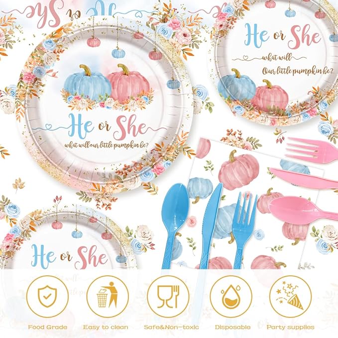 194 PCS Pumpkin Gender Reveal Decorations Pumpkin Paper Plates Cups