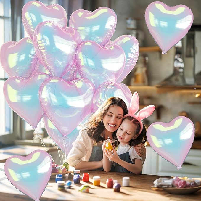 Iridescent Heart Balloons, 9PCS 18Inch Transparent Laser Heart Foil