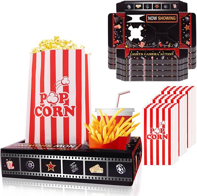 39PCS Movie Night Snack Trays with Popcorn Bags, Disposable Paper