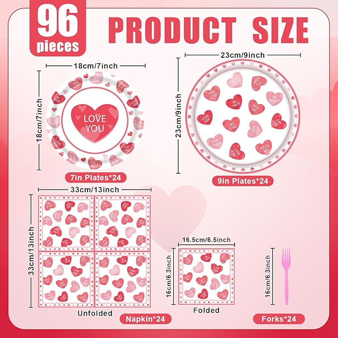 96 Pieces Valentine's Day Tableware Set Red and Pink Heart Message