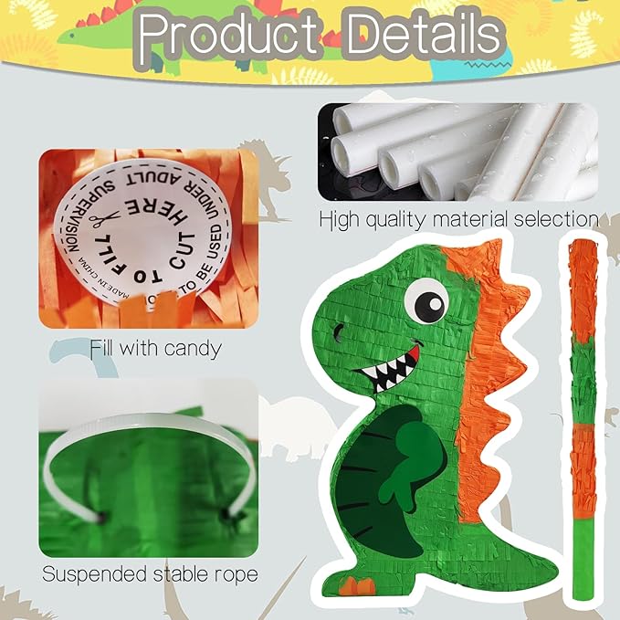 Dinosaur Pinata for Boys Birthday Party with Bat Paper Blindfold and