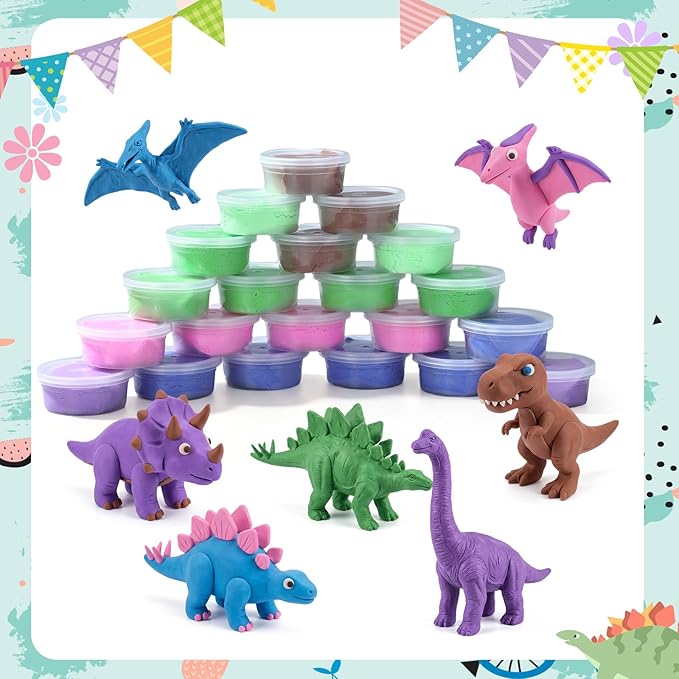 24 Set Dinosaur Party Favors for Kids Air Dry Modeling Clay DIY