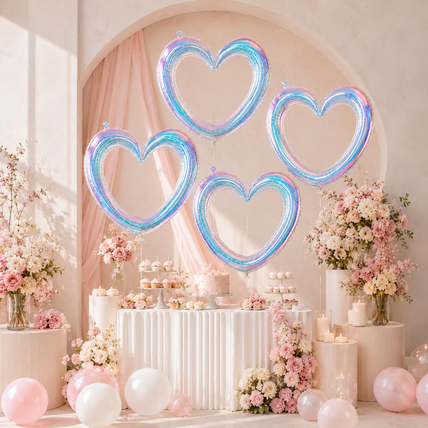 Iridescent Hollow Heart Balloons, 4 Pcs 40 Inch Clear Rainbow