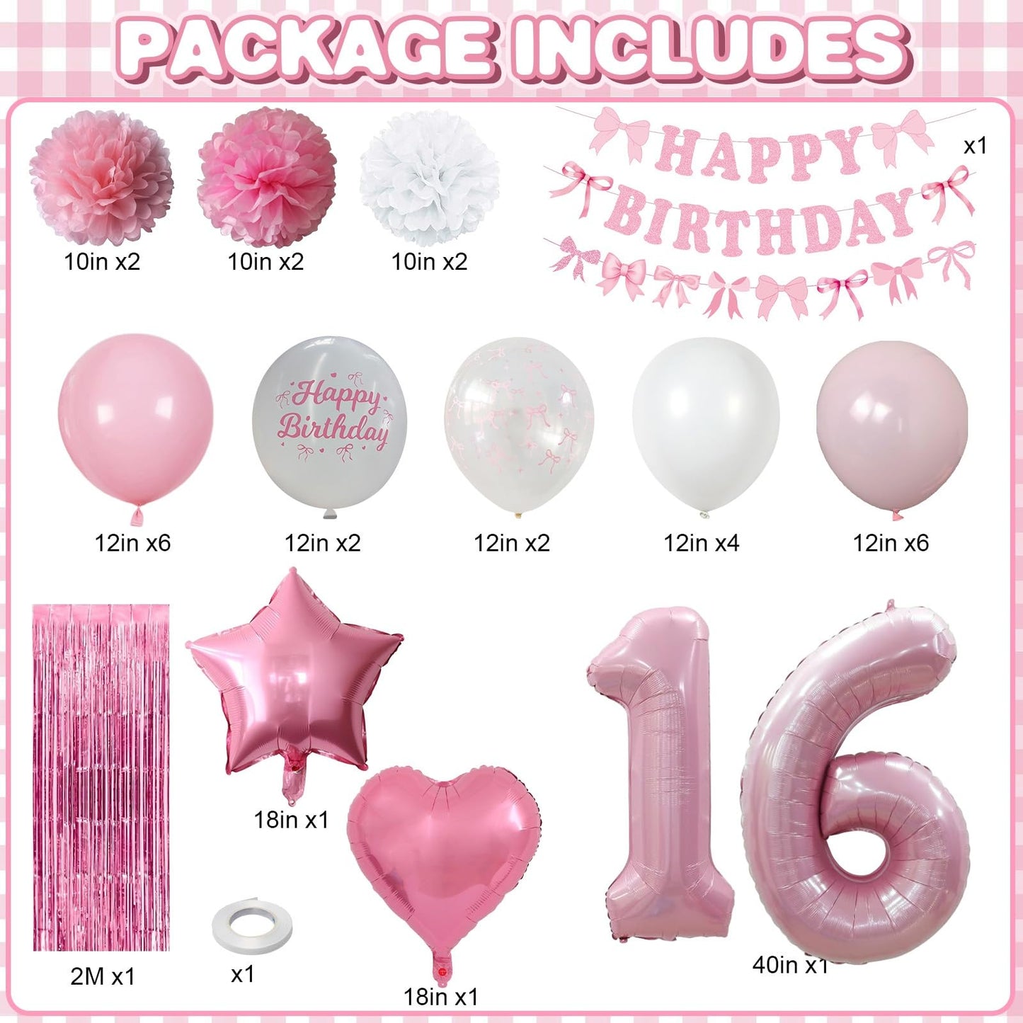 16th Birthday Decorations for Girls Pink Number 16 Balloon Bow
