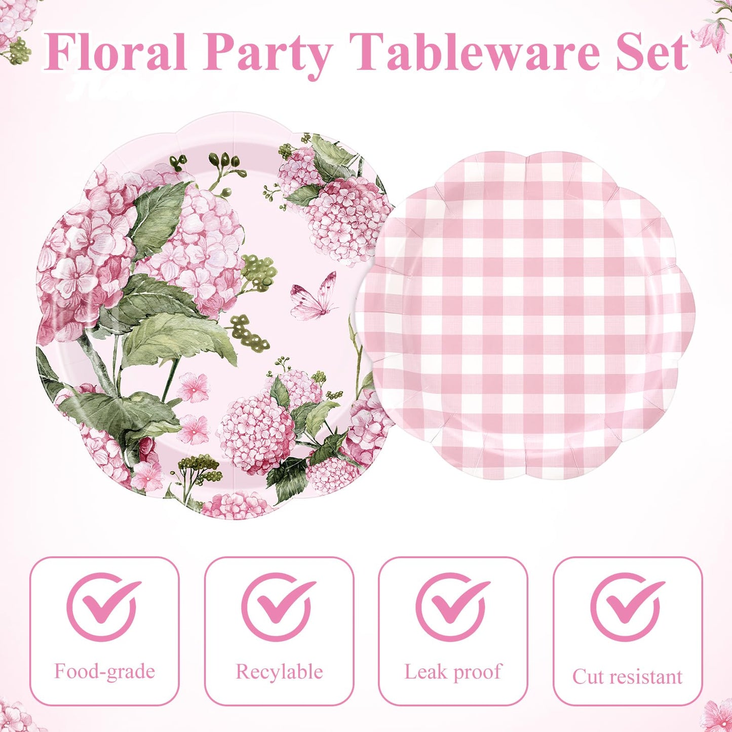Mumufy 100 Pack Hydrangea Paper Plates 9" & 7" Disposable Checkered