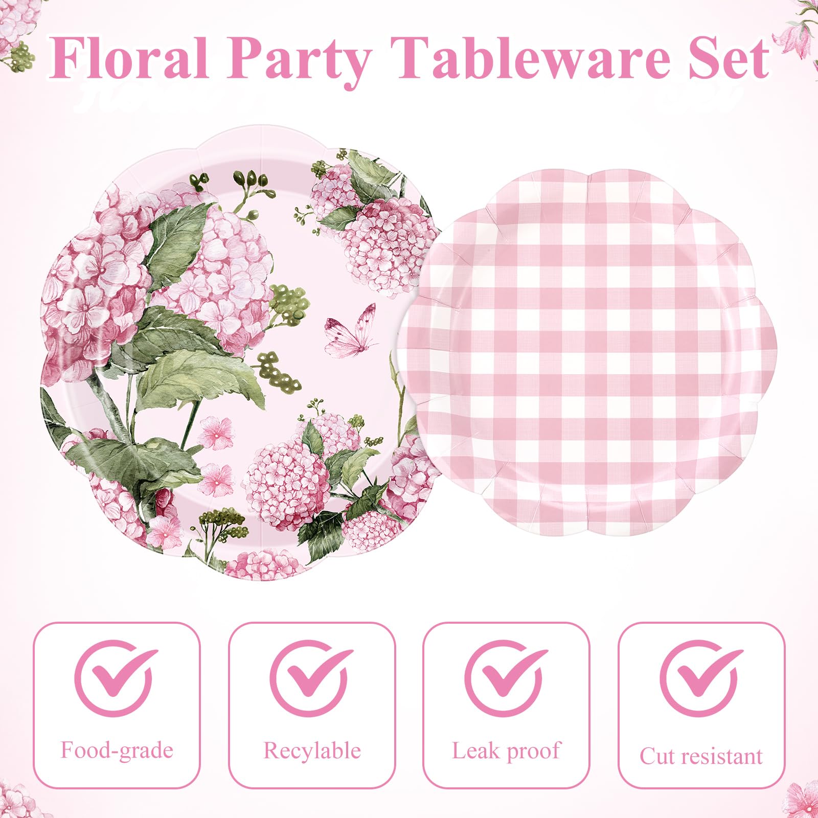 Mumufy 100 Pack Hydrangea Paper Plates 9" & 7" Disposable Checkered