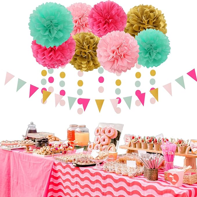 Mint Blush Hot Pink Gold Party Decorations 30pcs Tissue Pom Poms