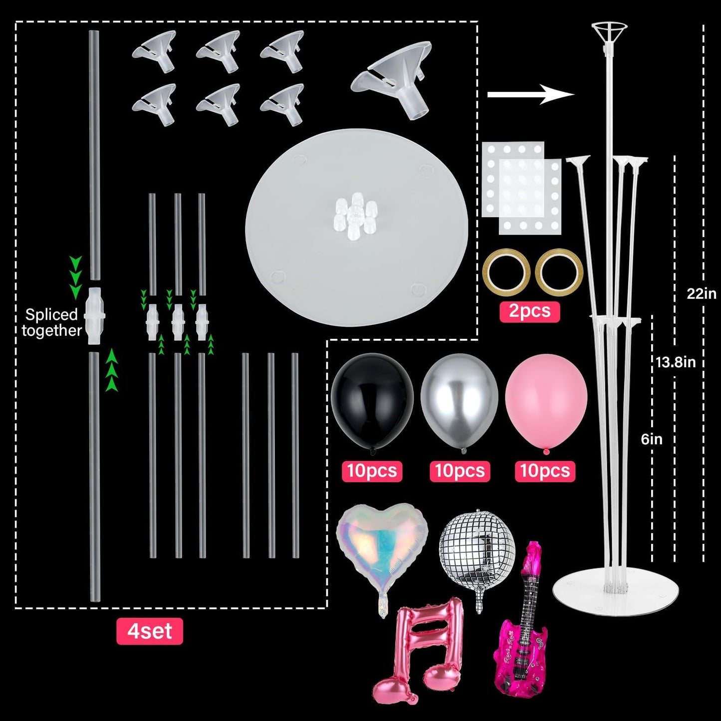 4 Sets Music Party Balloons Stand Kit with Music Note Guitar Disco