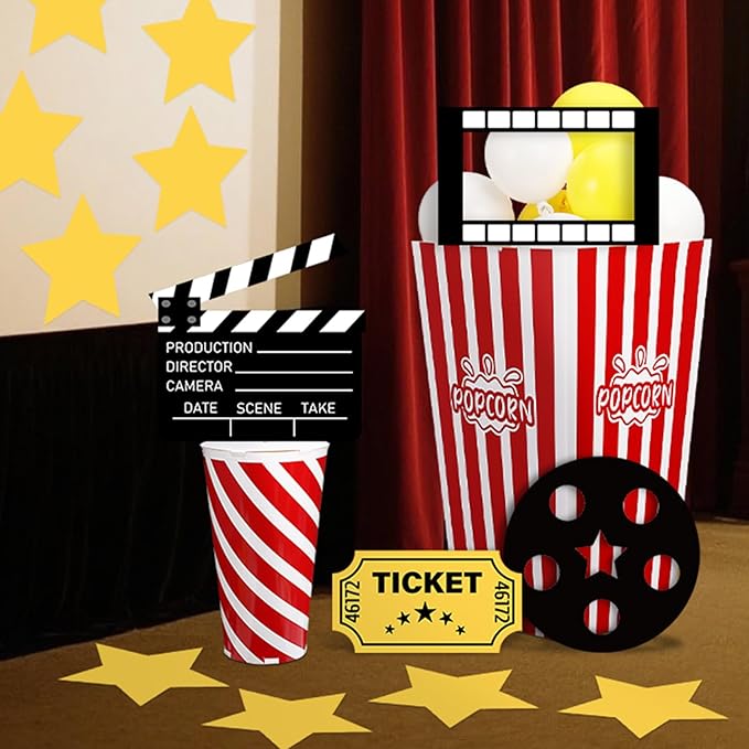 38 Pcs Movie Night Decorations Popcorn Box with Balloons 3D Fake