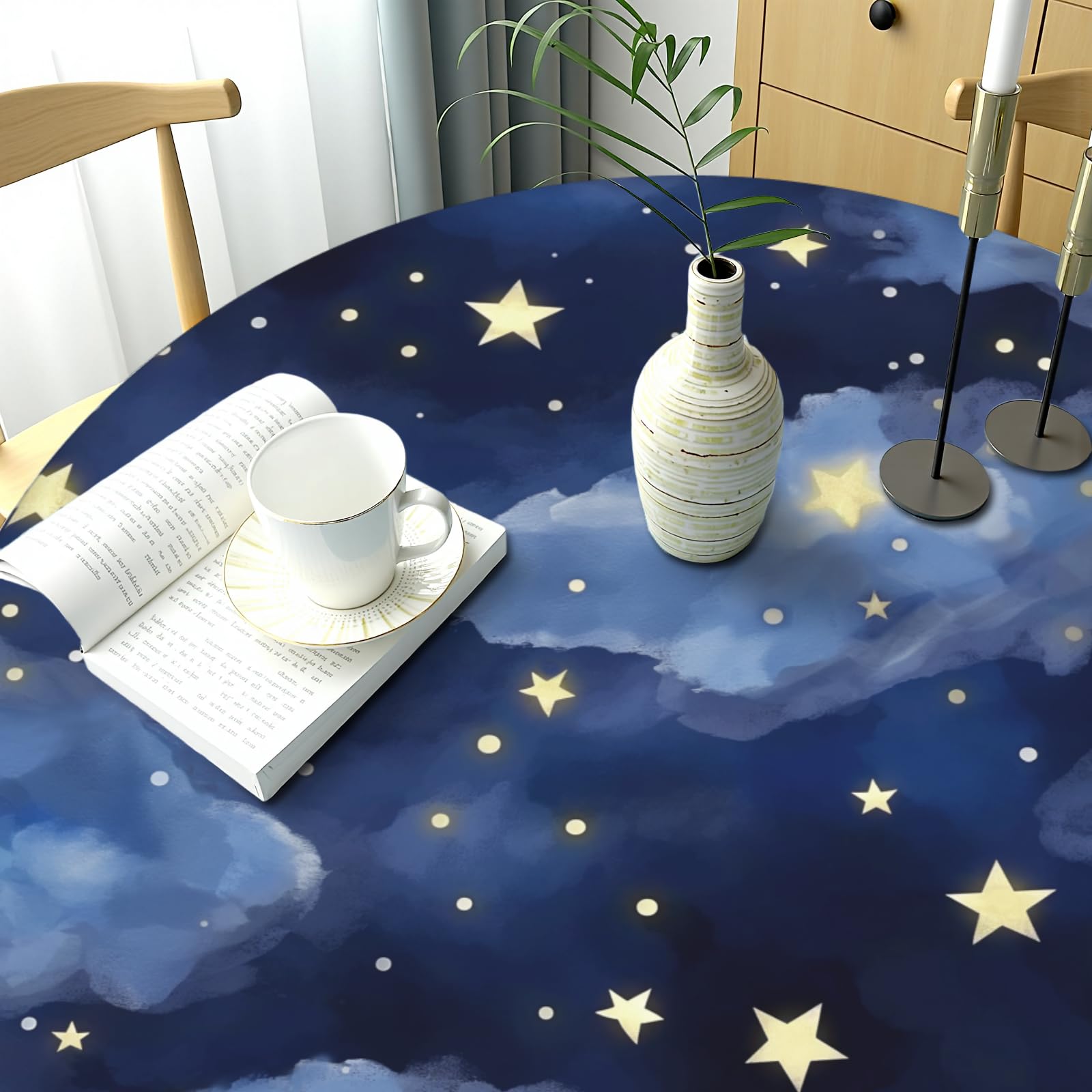 Dark Blue Round Tablecloth 48-52 inch, Stars Clouds Fitted Table Cloth