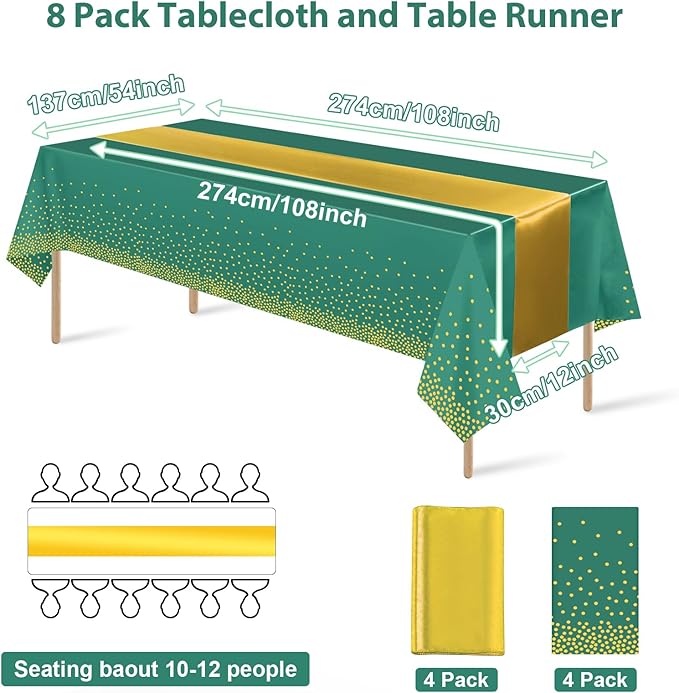 8Pack Disposable Plastic Party Tablecloths and Satin Table Runner Set