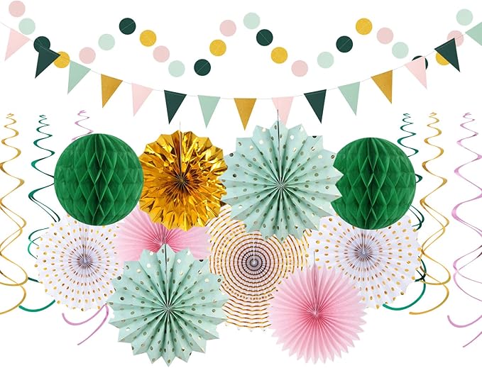 Sage Green Pink Gold Party Decorations 33pcs Kits Tissue Pom Poms