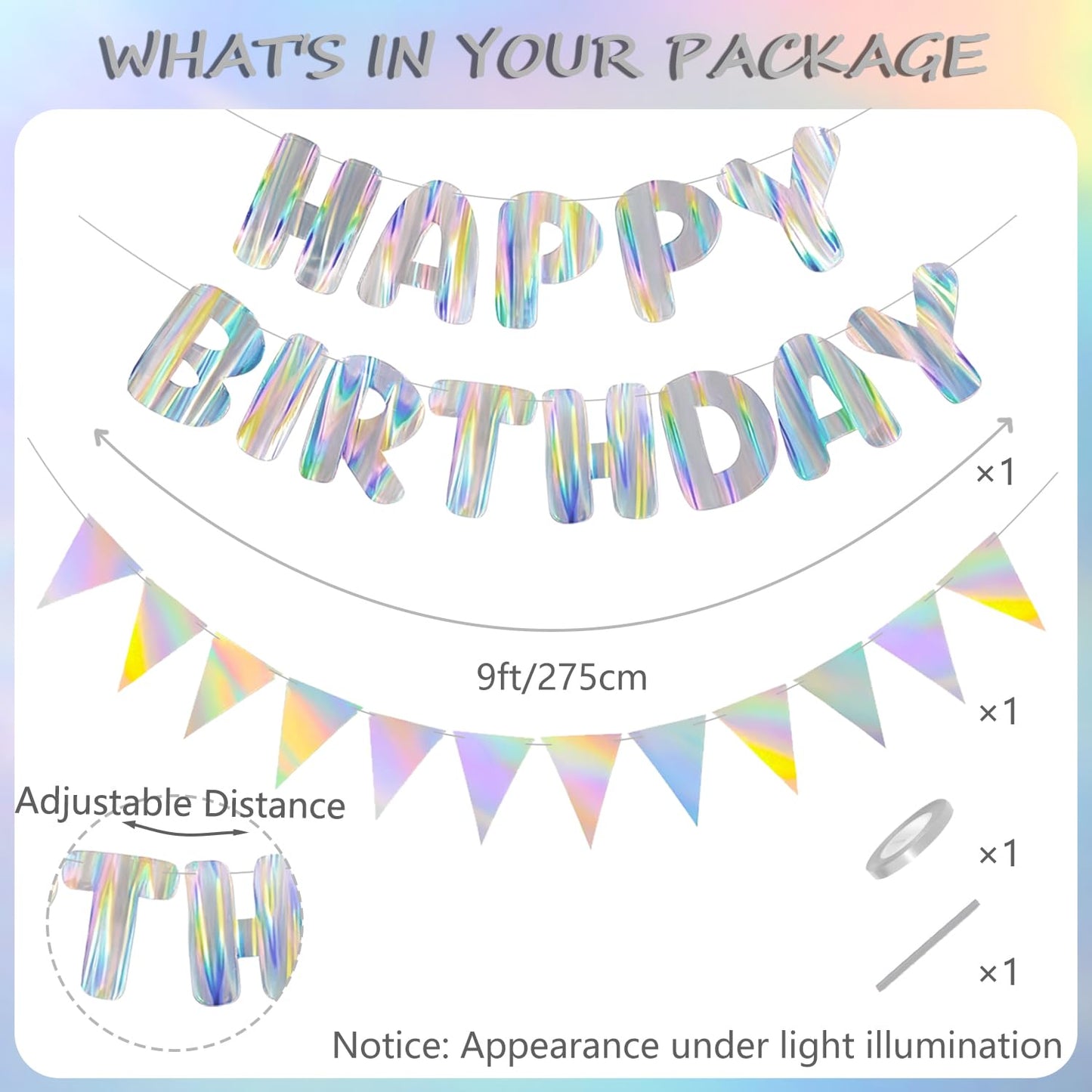 Silver Happy Birthday Decorations kit, Iridescent Happy Birthday