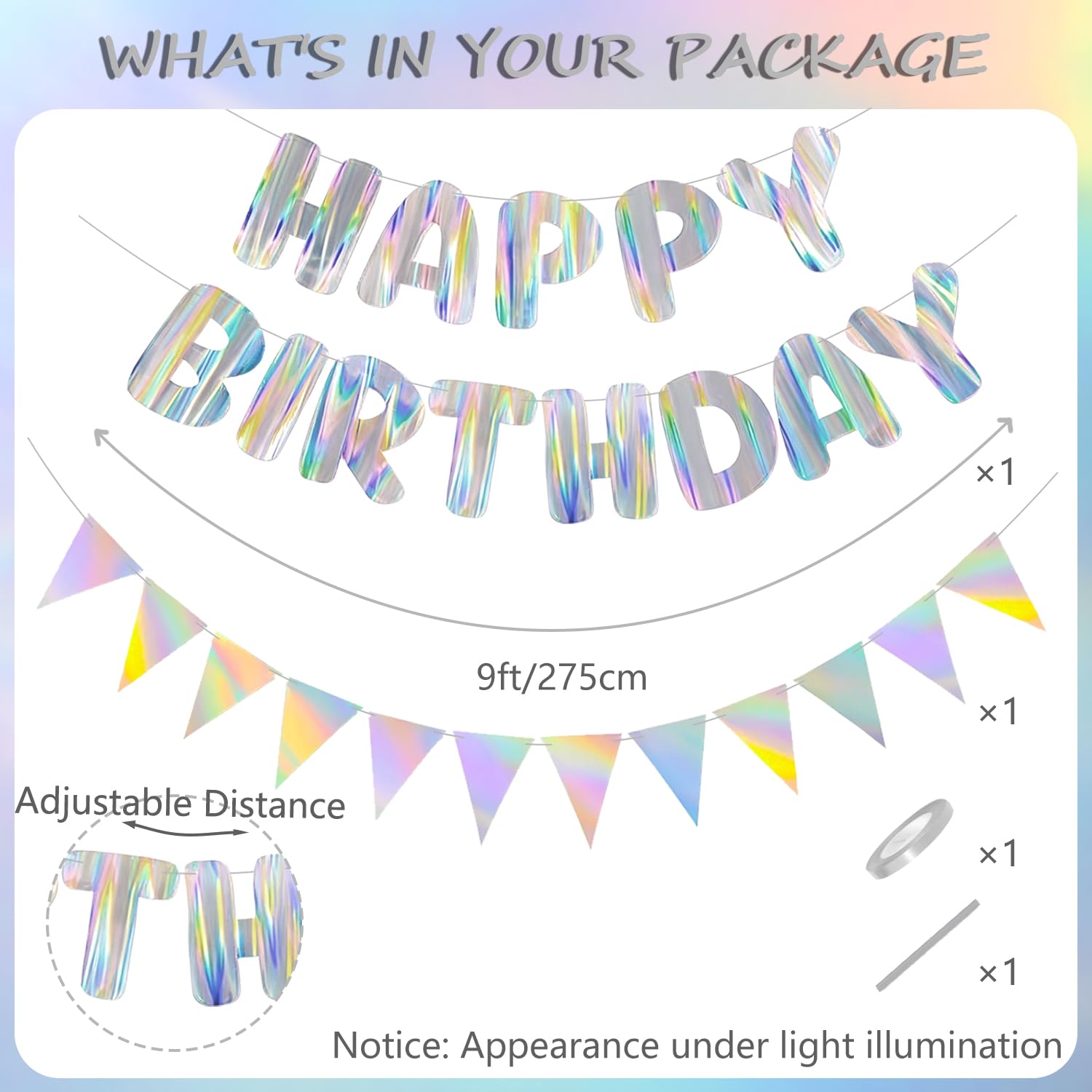Silver Happy Birthday Decorations kit, Iridescent Happy Birthday
