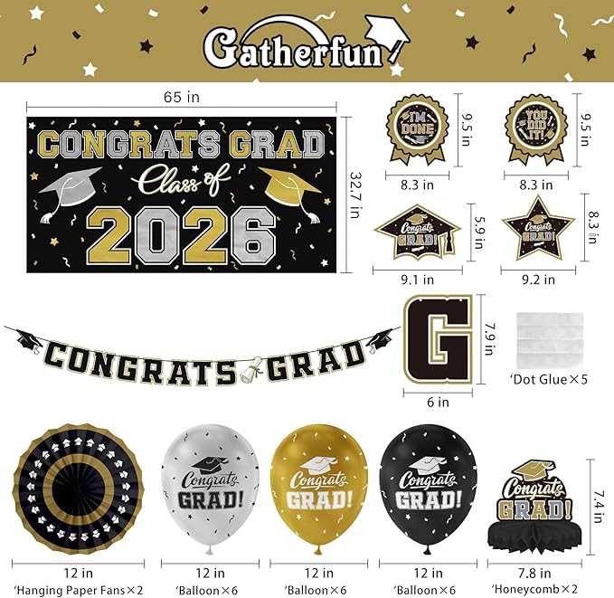 Black and Gold Themed 2026 Graduation Decorations Set Congrats Grad