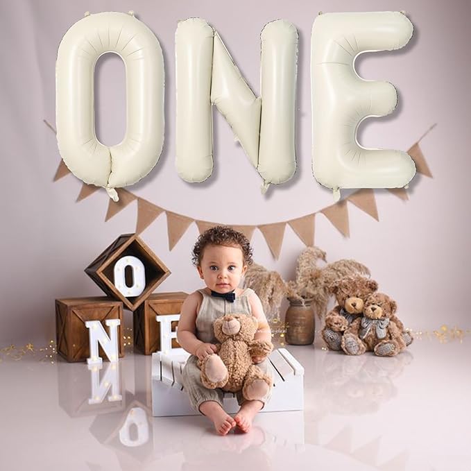 40 Inch Beige One Balloons for 1st Birthday, Cream White Sand One
