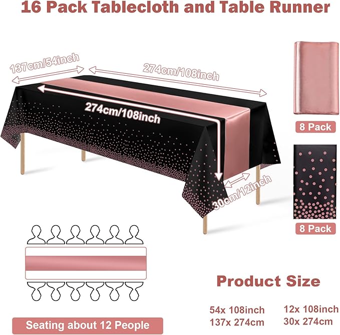 16Pack Disposable Plastic Tablecloths and Satin Table Runner Set #4