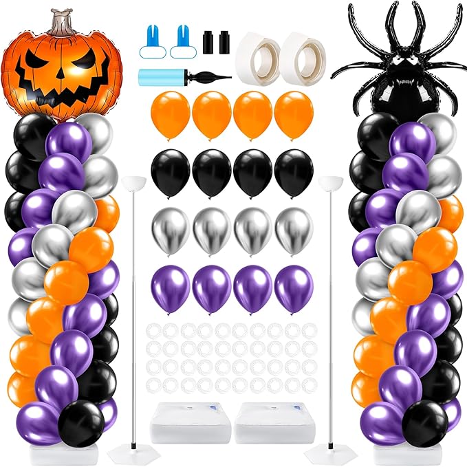 2 Sets Halloween Balloon Column Stand Kit with Scary Pumpkin Spider