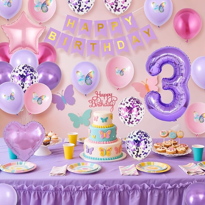 3rd Birthday Decoration for Girls,Pink Purple 3rd Birthday Balloon