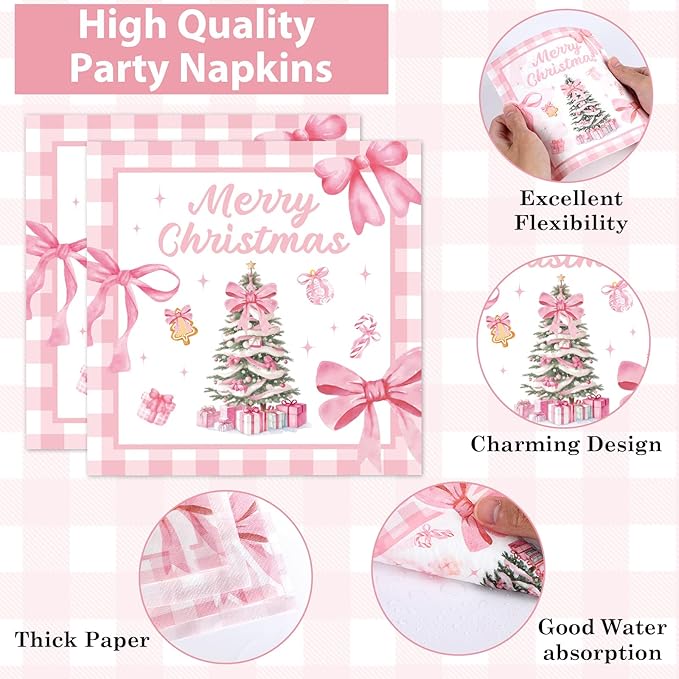 96Pcs Pink Christmas Tree Party Decorations Pink Bow Plates and