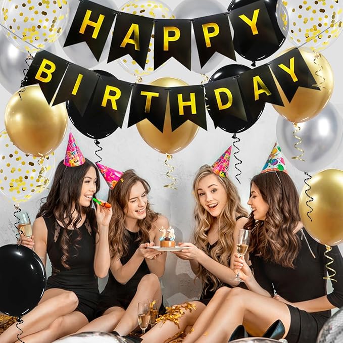 Happy Birthday Banner, Black Gold Birthday Decoration, 16 Pcs 12in