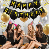 Happy Birthday Banner, Black Gold Birthday Decoration, 16 Pcs 12in