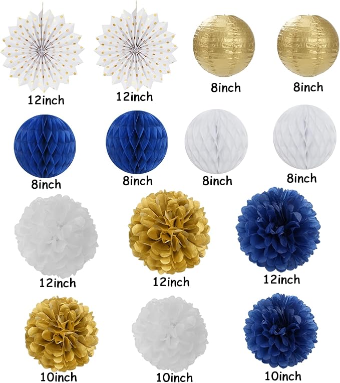 Navy-Blue White Gold Party Decorations - 14pcs Kits Paper Lanterns