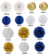 Navy-Blue White Gold Party Decorations - 14pcs Kits Paper Lanterns